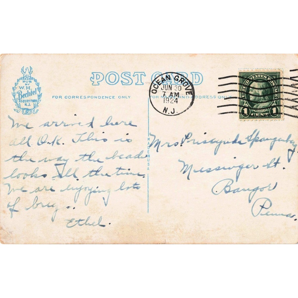 Vintage 1924 Ocean Grove NJ Beach Scene Postcard 572 W.H. Bechtel Linen Postmark - Picture 2 of 2